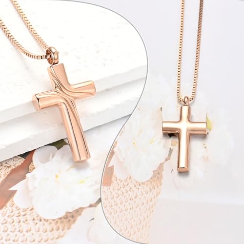 XSMZB Cross Cremation Jewelry Memorial Pendant Urn Necklace for Ashes of Loved One Funeral Ashes Keepsake Necklaces for Men Women - color: Rose Gold