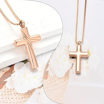 XSMZB Cross Cremation Jewelry Memorial Pendant Urn Necklace for Ashes of Loved One Funeral Ashes Keepsake Necklaces for Men Women - color: Rose Gold