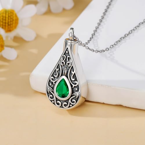Teardrop Urn Necklace for Ashes Filigree Birthstone Keepsake Pendant Cremation Jewelry for Ashes Memorial Jewelry Gifts for Loss of a Loved One for Women - style: May-Emerald