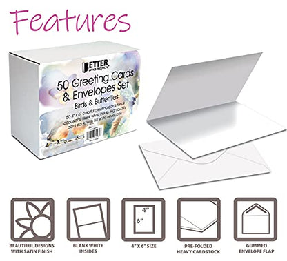 Better Office Products 50-Pack All Occasion Greeting Cards Box Set, 4 x 6 inch, 50 Assorted Blank Note Cards & 50 Envelopes, 6 Butterfly & Birds Designs, Blank Inside, 50 Pack