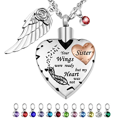Dletay Heart Cremation Necklace for Ashes Cremation Jewelry with 12 Birthstones Urn Necklace for Ashes-Your Wings were Ready but My Heart was Not - style: Sister