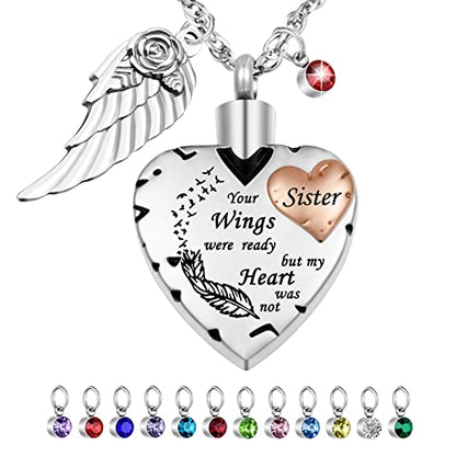 Dletay Heart Cremation Necklace for Ashes Cremation Jewelry with 12 Birthstones Urn Necklace for Ashes-Your Wings were Ready but My Heart was Not - style: Sister