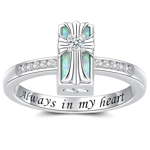 Cross/Petal Cremation Ring for Ashes - 925 Sterling Silver Opal Urn Keepsake Rings Memorial Jewelry for Women - style: cross urn ring