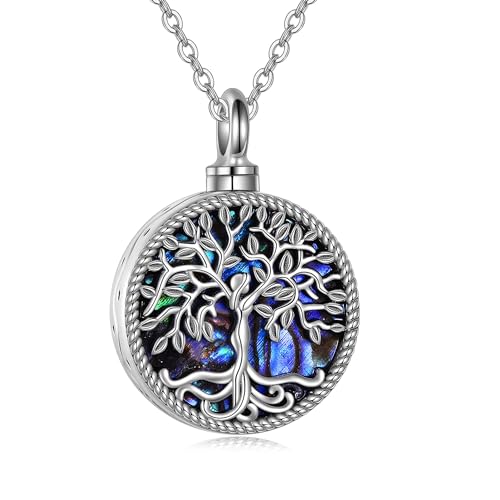 ONEFINITY Urn Necklace for Ashes 925 Sterling Silver Tree of Life Cremation Jewelry for Ashes Abalone Shell Opal Memory Jewelry for Women Men - style: Classic round tree urn