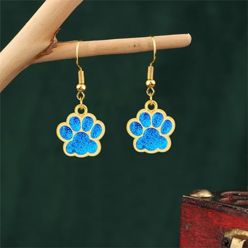 Dreuyet Paw Necklace and Earrings Set for Women Glitter Cute Dog Cat Pet Paw Print Pendant Necklace Earrings Lovely Animal Charm Jewelry Set Gifts - color: Gold Light Blue