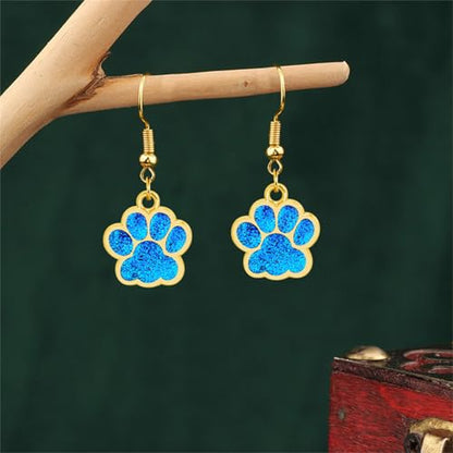 Dreuyet Paw Necklace and Earrings Set for Women Glitter Cute Dog Cat Pet Paw Print Pendant Necklace Earrings Lovely Animal Charm Jewelry Set Gifts - color: Gold Light Blue