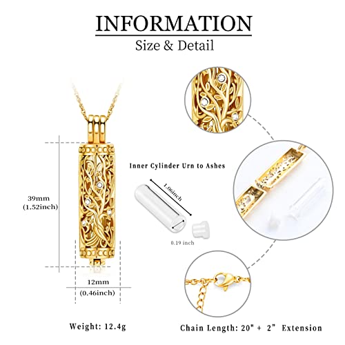shajwo Cylinder Cremation Jewelry Tree of Life Urn Ashes Necklace for Women Men Vial Cremation Ash Pendant Loved One Memorial Jewelry - color: Gold-Glass