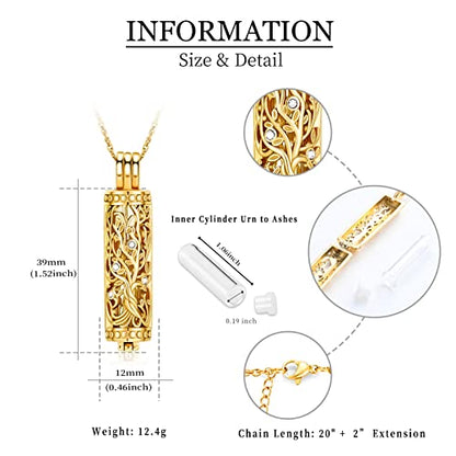 shajwo Cylinder Cremation Jewelry Tree of Life Urn Ashes Necklace for Women Men Vial Cremation Ash Pendant Loved One Memorial Jewelry - color: Gold-Glass