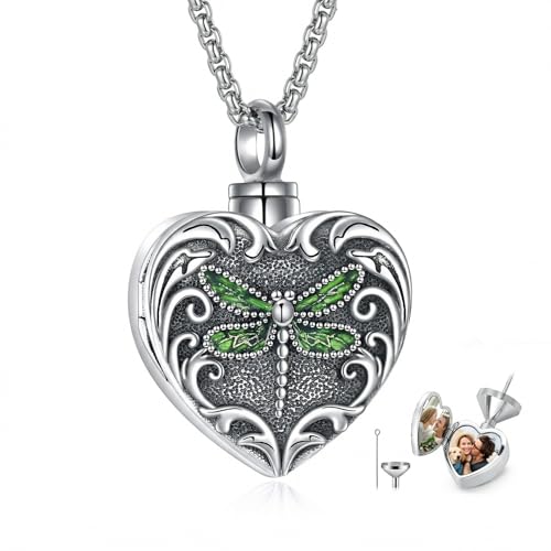 ONEFINITY Urn Locket Necklace for Ashes 2 in 1 Memorial Photo Pendant Cremation Keepsake Jewelry for Loss of Loved One - color: Dragonfly