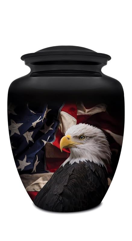Patriotic Hearts Eagle | Medium Size Urn for Human Ashes | American Flag Cremation Urn for Adults, Veteran, Handmade Funeral Urns with Velvet Bag - color: Patriotic Heart, size: 1 Medium Urn