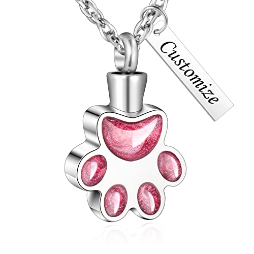 abooxiu Paw Print Urn Necklace for Ashes Cremation Necklace for Pet Ashes Stainless Steel Ash Necklace Memorial Ash Holder - color: Pink-Engraving