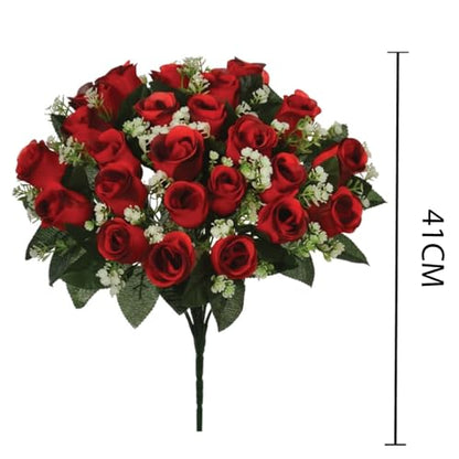 41cm Artificial Silk Red Rose Bush with Gyp & Foliage 24 Flower Heads- Wedding Grave Home Decoration (Red, 1 Bunch) - color: Red
