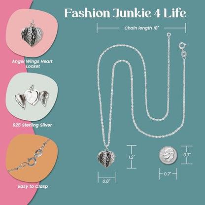 FashionJunkie4Life Sterling Silver Locket Necklaces for Women, 18" Cable Chain - color: Small Angel Wings