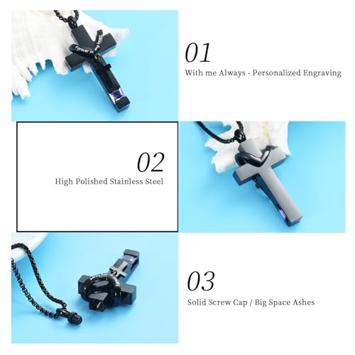 Oinsi Black Cross Urn Necklace For Ashes Of Loved Ones With Birthstone Always In My Heart Cremation Jewelry Keepsake Pendant Women Men - color: Purple Stone