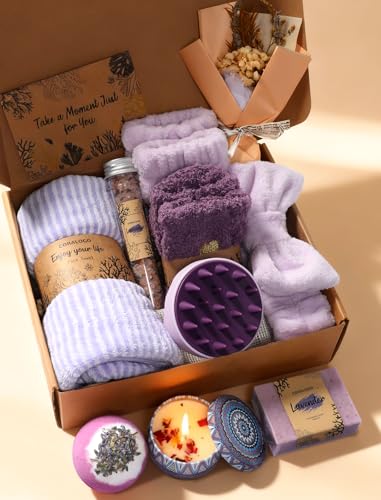 11pcs Natural Pampering Spa Gift Baskets for Women, Lavender | Ready-to-gift, Refreshing scent, Aromatherapy, for Birthday, for Mother's Day, for Christmas, for Any Occasion - color: Lavender