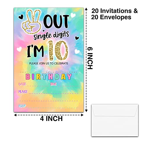 YSTEP Tie Dye 10th Birthday Party Invitations, 20 Invite Cards with Envelopes, 4"x6" Peace out Single Digits Birthday Party Invites - A12 - style: style 1