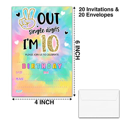 YSTEP Tie Dye 10th Birthday Party Invitations, 20 Invite Cards with Envelopes, 4"x6" Peace out Single Digits Birthday Party Invites - A12 - style: style 1