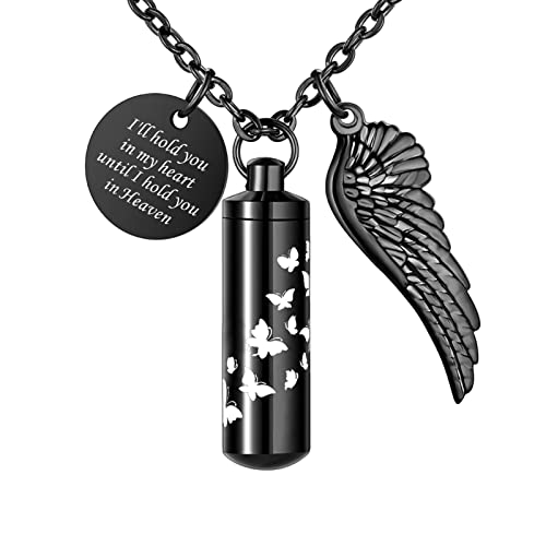 Dletay Cylinder Urn Necklace for Ashes Butterfly Cremation Jewelry for Ashes Memorial Keepsake Pendant with Angel Wing Round Tag Stainless Steel Remembrance Jewelry - color: Black M, style: Non-Custom