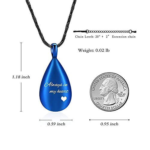 Yinplsmemory Carved Teardrop Keepsake Ashes Necklace Urn Pendant Cremation Memorial Jewelry-Always in my heart - color: Blue