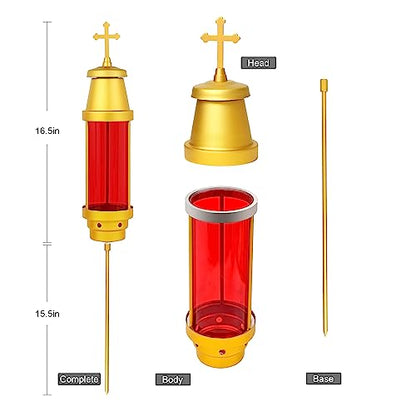 Cemetery Candle Holder, Greek Orthodox Cross Grave Lantern, Red | Anodized aluminum frame, weatherproof red globe, eternal vigil light, memorial & bereavement gift