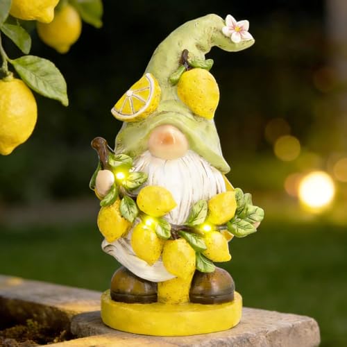 basen Solar Powered Garden Gnome Decor with Lemon Theme, Waterproof Outdoor Lawn Ornaments with Auto On/Off Light, Resin Figurine for Patio, Yard, Pathway, Porch Landscape Lighting Decorations - color: Lemon Gnome