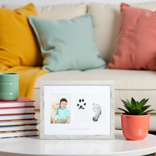 Kate & Milo Pawtners in Crime Baby and Pet Print Photo Frame | Baby Handprint or Footprint and Pet Pawprint Kit, Holds 4" x 6" Photo, Sawtooth Wall Display, Pet and Baby Keepsake - style: Pawtners in Crime Prints