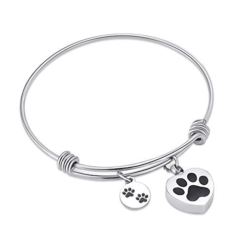 Always in My Heart Expandable cuffCremation Bracelet for Ashes Dog Cat Paw Prints Pet Memorial Urn Jewelry - color: Steel