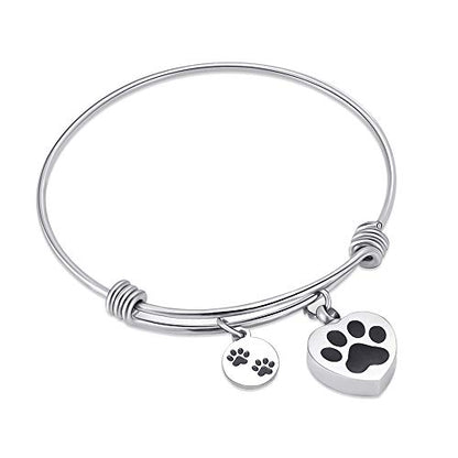 Always in My Heart Expandable cuffCremation Bracelet for Ashes Dog Cat Paw Prints Pet Memorial Urn Jewelry - color: Steel