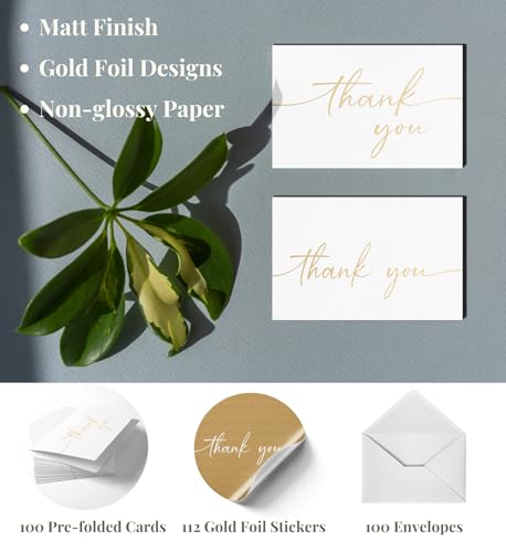 Thank You Cards with Envelopes & Stickers, Matte Gold Foil Cards Bulk Pack of 100, 4x6 Inch Minimalistic Design, Suitable for Business, Wedding, Small Business, Graduation, Bridal Shower, Funeral | 4 x 6 Inches with Stickers, 100 Gold Foil Cards, For Busi