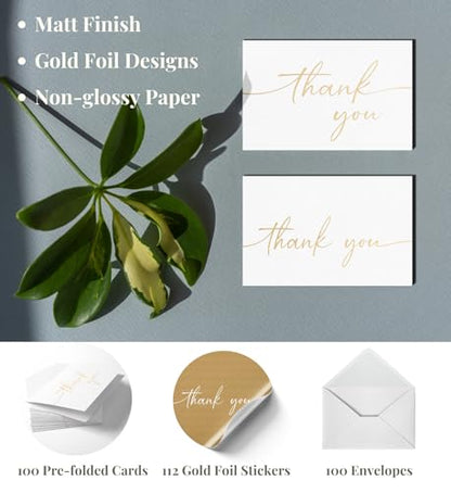 Thank You Cards with Envelopes & Stickers, Matte Gold Foil Cards Bulk Pack of 100, 4x6 Inch Minimalistic Design, Suitable for Business, Wedding, Small Business, Graduation, Bridal Shower, Funeral | 4 x 6 Inches with Stickers, 100 Gold Foil Cards, For Busi
