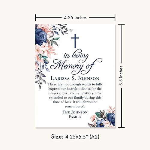 Navy Blue Floral In Loving Memory Funeral Thank You Cards with Cross - color: Navy Blue