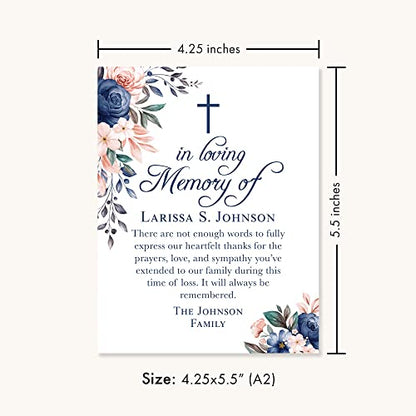 Navy Blue Floral In Loving Memory Funeral Thank You Cards with Cross - color: Navy Blue