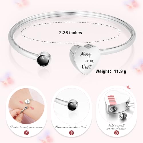 Abooxiu Cremation Jewelry Urn Bracelet for Ashes - Heart Ashes Keepsake Memorial Bangle for Women & Men - Always in my Heart - style: Customized Projection