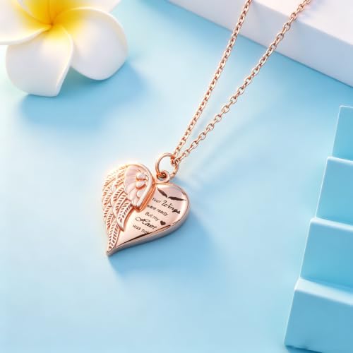 Heart Cremation Urn Necklace Human Ashes Jewelry for Women Men Engraved Your Wings were Ready but My Heart was Not Angel Wings Memorial Pendant Necklace Gift for Family Members - color: Rose Gold