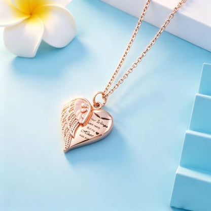Heart Cremation Urn Necklace Human Ashes Jewelry for Women Men Engraved Your Wings were Ready but My Heart was Not Angel Wings Memorial Pendant Necklace Gift for Family Members - color: Rose Gold