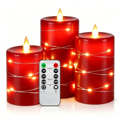 3 Pack Red Real Wax Flameless Taper Candles, Realistic Flickering LED Candles with Surrounding Fairy String Lights, Soft Warm Battery Candle Lights with Remote for Holiday Wedding Indoor Outdoor Decor - color: Red#3*1