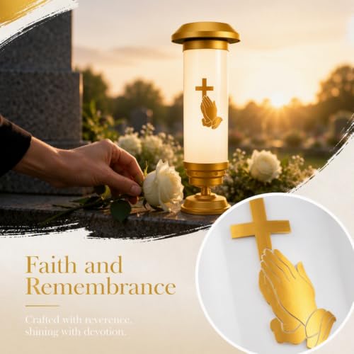 Praying Hands Solar Cross for Cemetery Grave, White & Gold Anodized Aluminum IP65 Waterproof Memorial Light with Ground Stake, Christian Cemetery Decor for Headstone