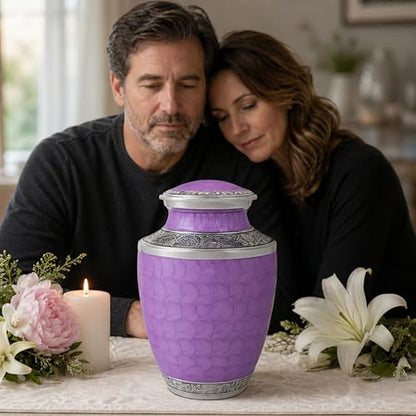 CLEENTABLE Purple Silver Cremation Urn, Engraved Metal