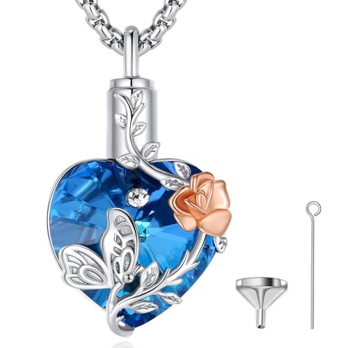 EUDORA Sterling Silver Urn Necklace for Ashes for Women Men, Ash Pendant for Human Cat Dog Ashes, Necklace for Ashes of Loved One Dad Mom Papa Pet Cremation Souvenir Jewelry for Funeral, 20inch - color: B2-Butterfly and Blue Austrian crystal