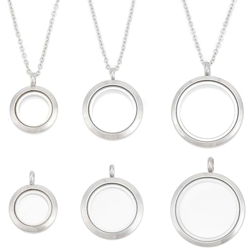 Round Photo Charms Necklace Stainless Steel Locket Pendants Crystal Double-Sided Frame Memory Locket Round Charm with 17.7inch Chain for Wedding Jewellery Making Photo - color: Silver 3pcs