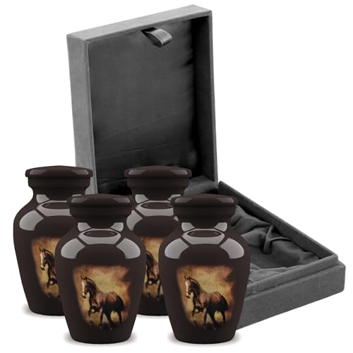 Forever URNS Mini Cremation Funeral Urn with Printed Running Horse Theme for Human Ashes of Female & Male | 3 cu in | Set of 4 | Small | Dark Brown | Completely Handcrafted with Velvet Protection Box
