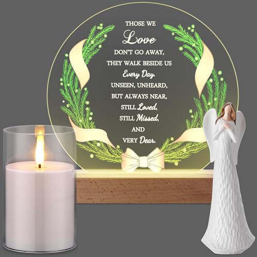 Memorial Gift Loss of Mother, Acrylic LED Candle Angel,Round,Pine | Sympathy Bereavement for Grandmother in Heaven, Clear Acrylic Wood Base, Angel Ornament, Mothers Day Remembrance Decor