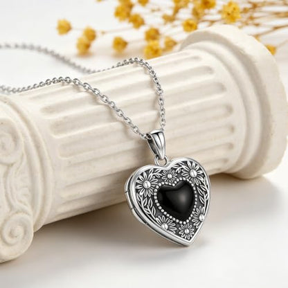 Locket Necklace for Women 925 Sterling Silver Celtic Locket Pendant Necklace Moonstone/Turquoise/Black Agate Heart Shaped Locket Necklace Jewelry Gifts for Women - style: Black Onyx Locket 1