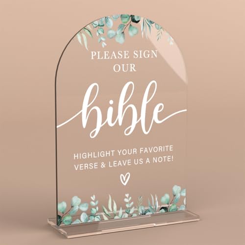 Acrylic Wedding Sign Please Sign Our Bible Signs for Ceremony Modern Calligraphy Arch Acrylic Table Top Signs for Wedding Reception and Event Party Table Decor (Eucalyptus Leaves) - color: Please Sign Our Bible