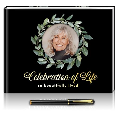 Premium Quality Gold Stamping Matt Hard Cover Funeral Guest Book, Celebration of Life Guest Book 96 Pages 120GSM Quality Paper W/Photo Cut Out, Table Sign and Elegant Black Pen Included