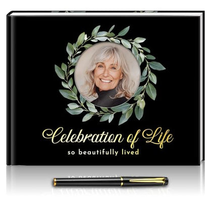 Premium Quality Gold Stamping Matt Hard Cover Funeral Guest Book, Celebration of Life Guest Book 96 Pages 120GSM Quality Paper W/Photo Cut Out, Table Sign and Elegant Black Pen Included