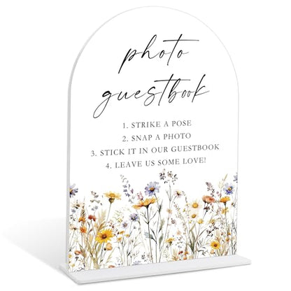 Wedding Signs for Ceremony and Reception, Boho Floral Acrylic Photo Guestbook Sign, Wedding Signage with Stand, Bridal Shower Table Centerpieces, Supplies for Engagement Reception Event Party, 28 - color: Photo Guestbook Sign, 28