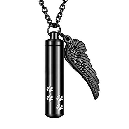 abooxiu Cylinder Cremation Urn Necklace with Angel Wing Pet Paw Ashes Keepsake Jewelry - color: Black-L