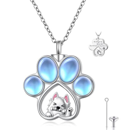 DAOCHONG Cat Urn Necklace Pet Cremation Memorial Jewelry for Women | 925 Sterling Silver Cremation Pendant | Dog Cat Paw Print Heart Locket | Pet Ashes Keepsake for Loved Ones - style: Moonstone Dog Urn Necklaces