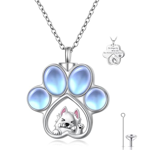DAOCHONG Cat Urn Necklace Pet Cremation Memorial Jewelry for Women | 925 Sterling Silver Cremation Pendant | Dog Cat Paw Print Heart Locket | Pet Ashes Keepsake for Loved Ones - style: Moonstone Dog Urn Necklaces